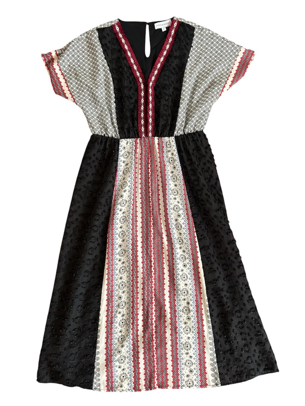Piper & Scoot | Women’s Black/White/Burgandy Pattern Dolman Sleeve Midi Dress S